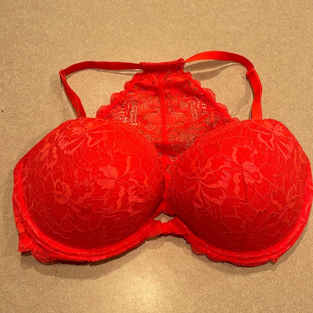 Pink by Victoria’s Secret orange lace push up Wired  racer back bra nwt